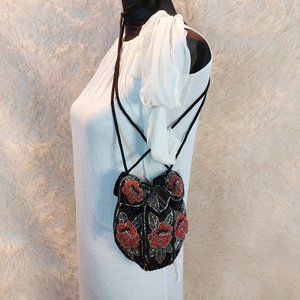 Vintage Handmade Black and Red Floral Beaded Draw String Pouch Bag